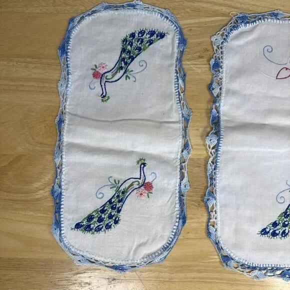 VTG Embroidered White Dresser Scarf Table Peacock Bird Flowers 39x14 Set Of 4 - Picture 5 of 16